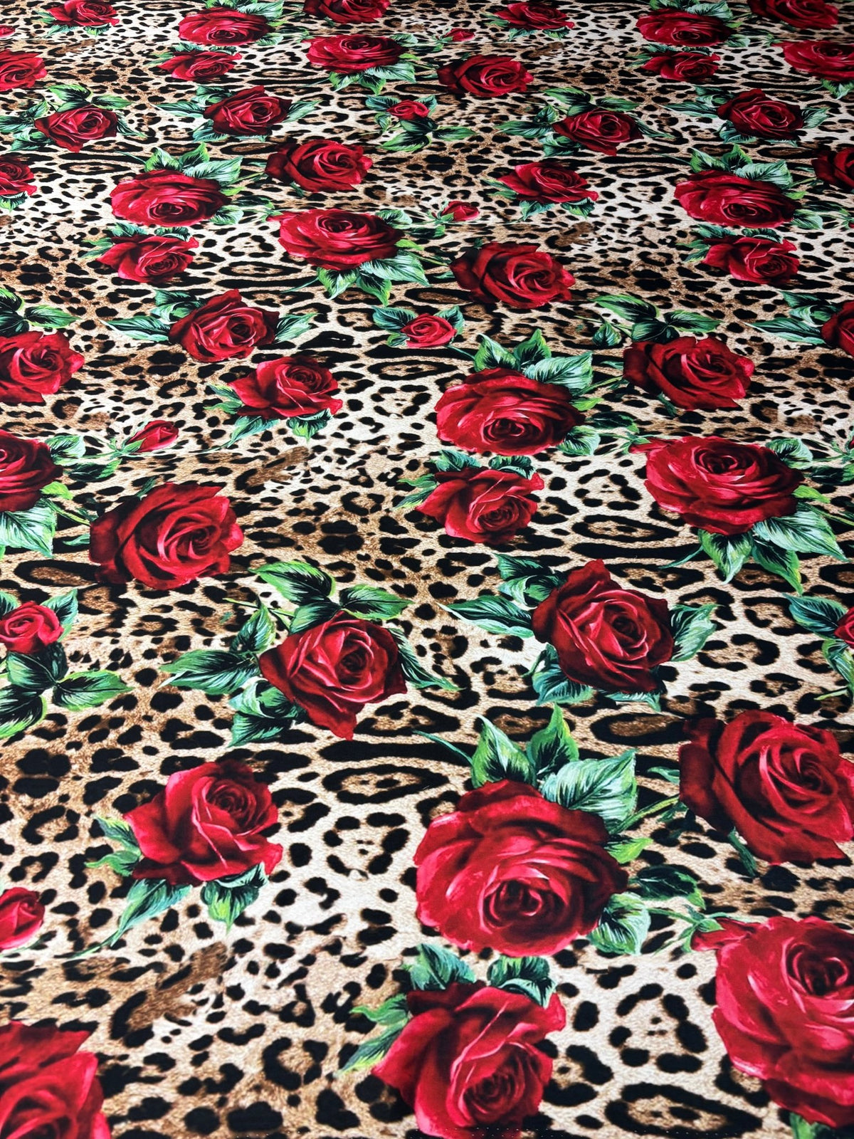 Rose & Leopard Print Satin Fabric by the Metre - Whotex Fabrics London