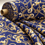 Royal Blue Fabric with Gold Chains & Baroque Scrolls by Metre - Whotex Fabrics London
