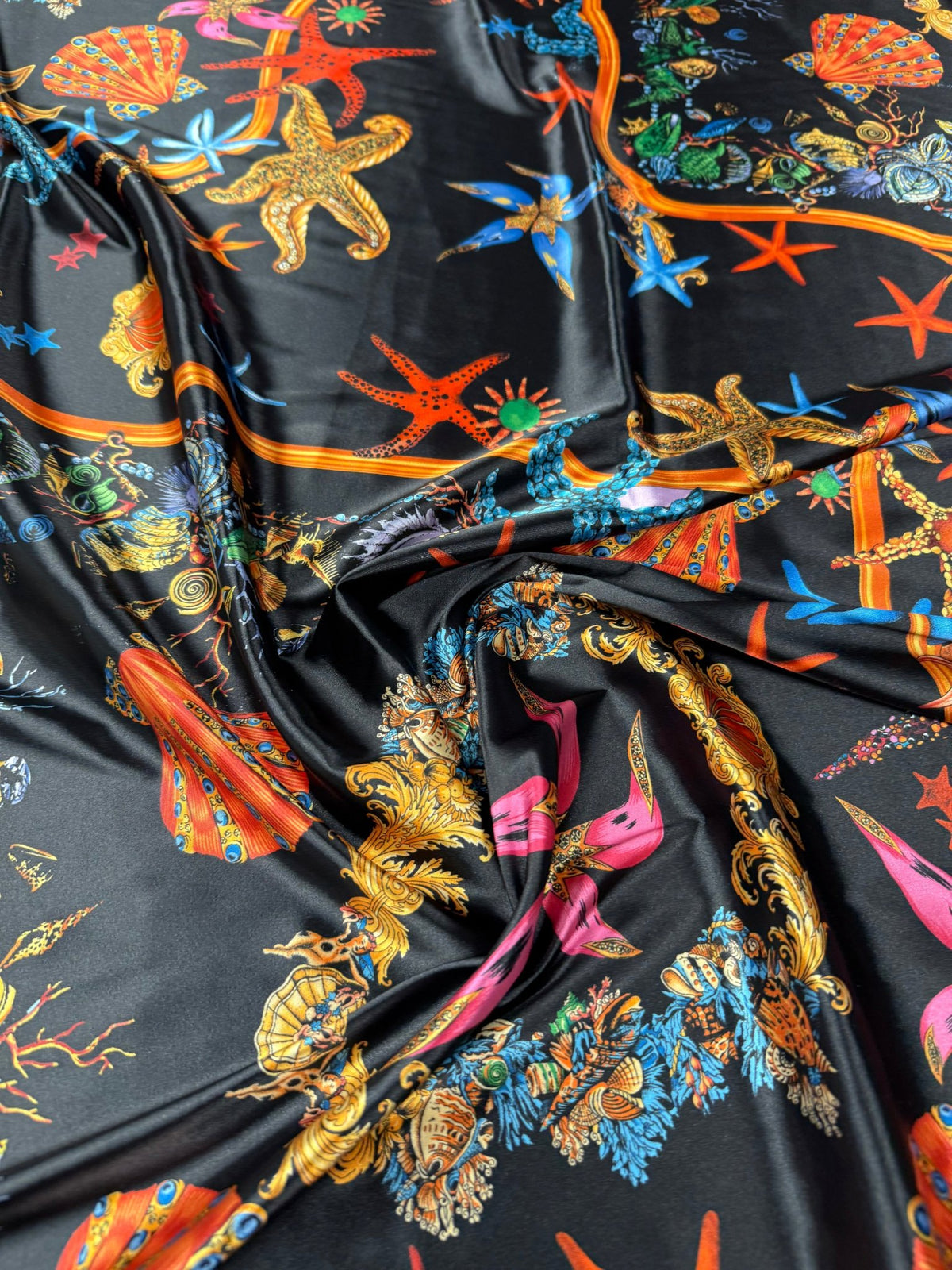 Sea Life Print Lycra Satin Fabric by the Metre - Whotex Fabrics London