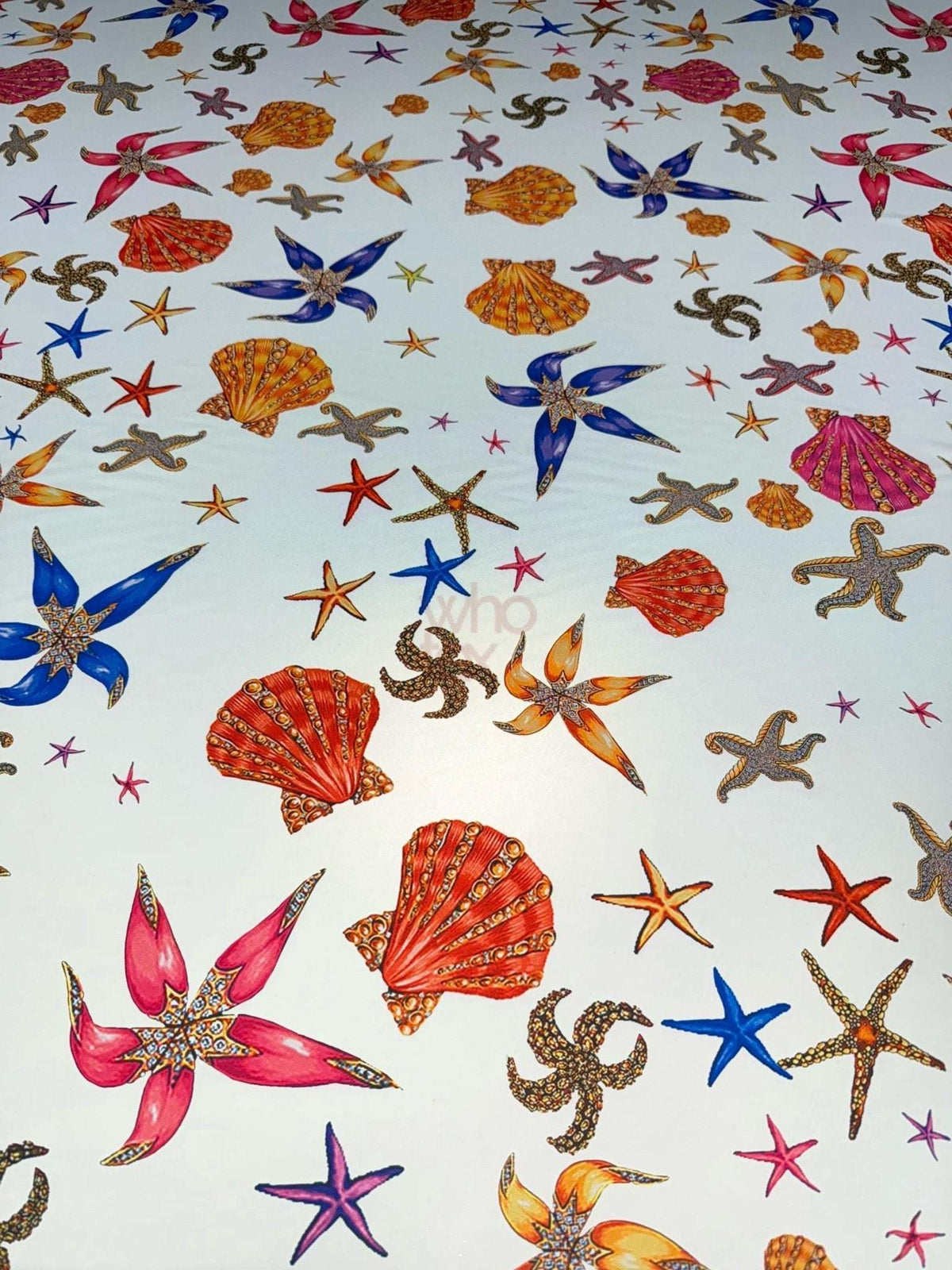 Sea Shell Fabric with colorful starfish and seashell print on white background, 150cm wide, perfect for coastal-themed sewing projects