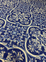 Blue Sicilian print fabric with intricate traditional floral and geometric patterns on 150cm wide textile