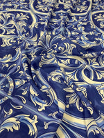 Blue and white Sicilian print fabric with intricate traditional floral and ornamental patterns, soft texture and 150cm width