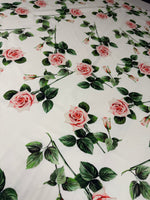 Soft Pink Rose Floral on White Organic Cotton Poplin Fabric by the Metre - Whotex Fabrics London