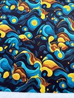 Van Gogh style spandex fabric with vibrant blue and yellow swirling patterns inspired by Starry Night painting