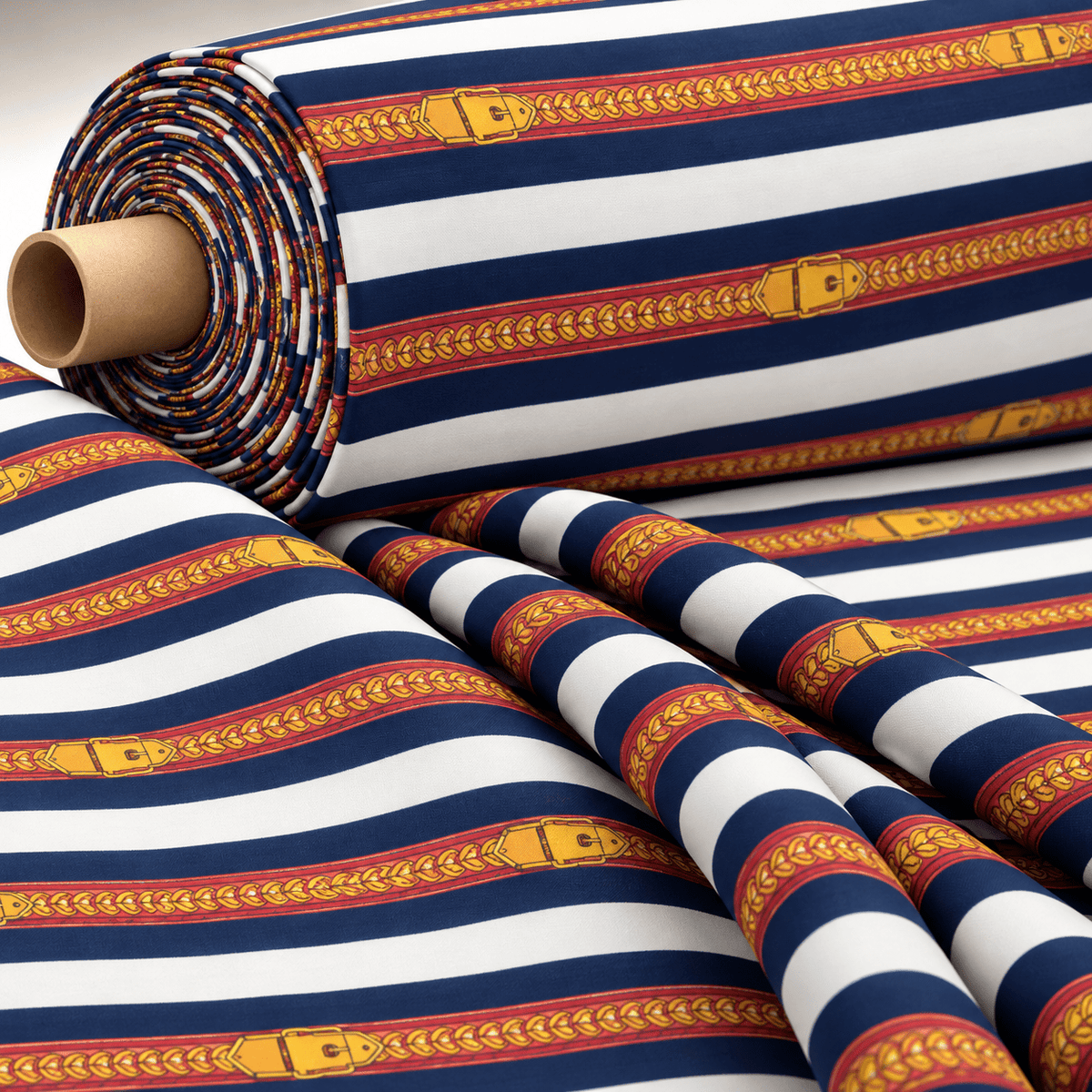 Striped Fabric with Belt and Chain Print by Metre - Whotex Fabrics London