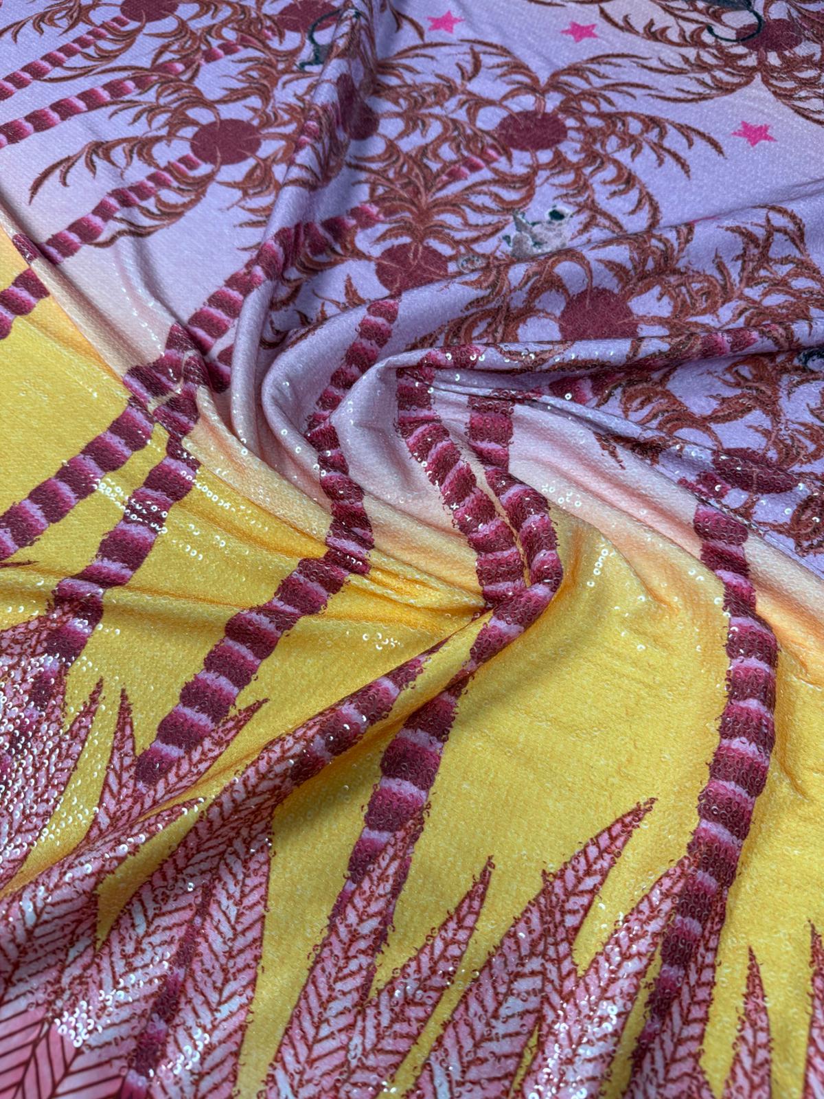 Sunset Palm Tree Sequin Fabric by the Metre - Whotex Fabrics London