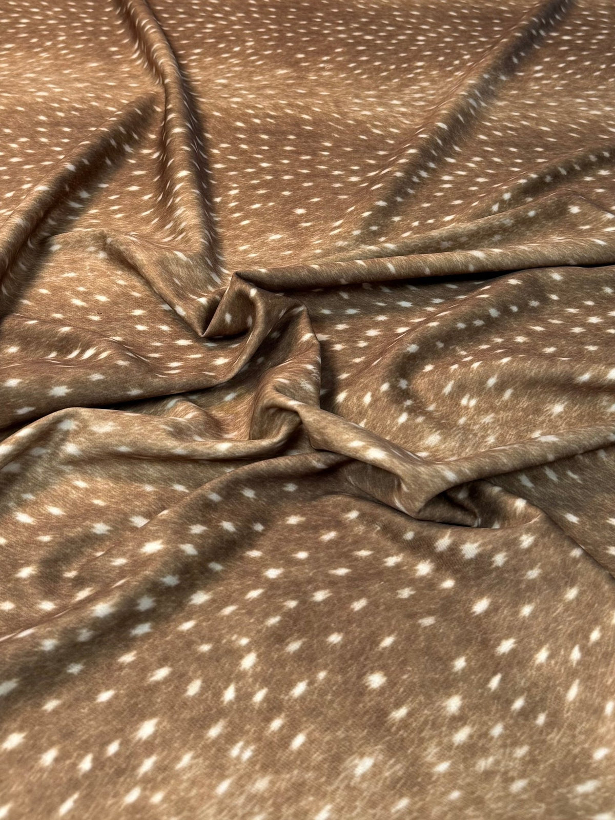 Taupe Fawn Deer Print Stretch Scuba Fabric by the Metre - Whotex Fabrics London