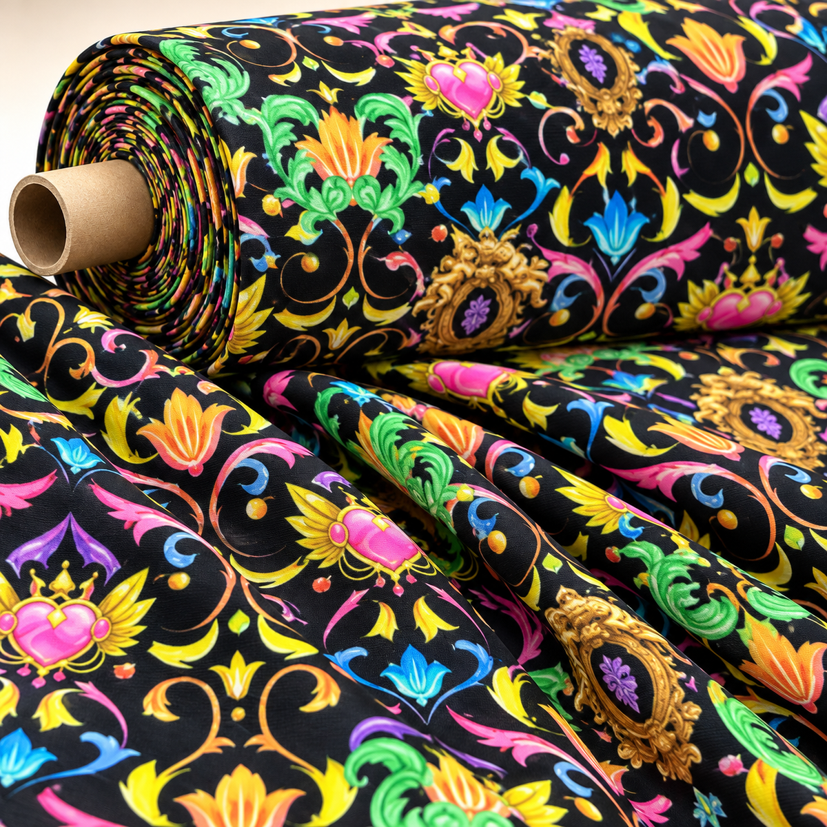 Vibrant Black Pattern Baroque Floral Heart Fabric Sold by Metre - Whotex Fabrics London