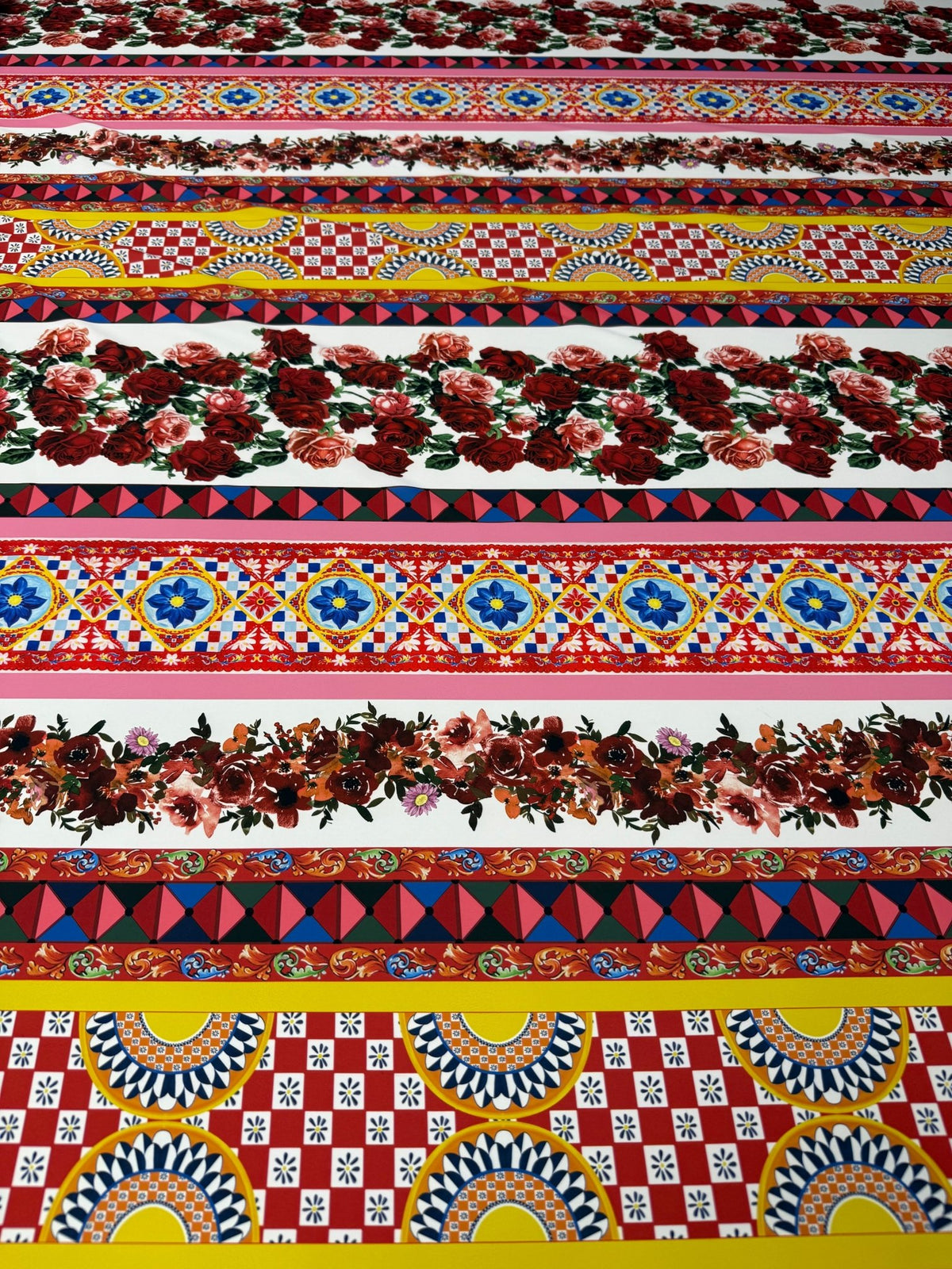 Vibrant Floral Stripe Crepe Fabric by the Metre - Whotex Fabrics London
