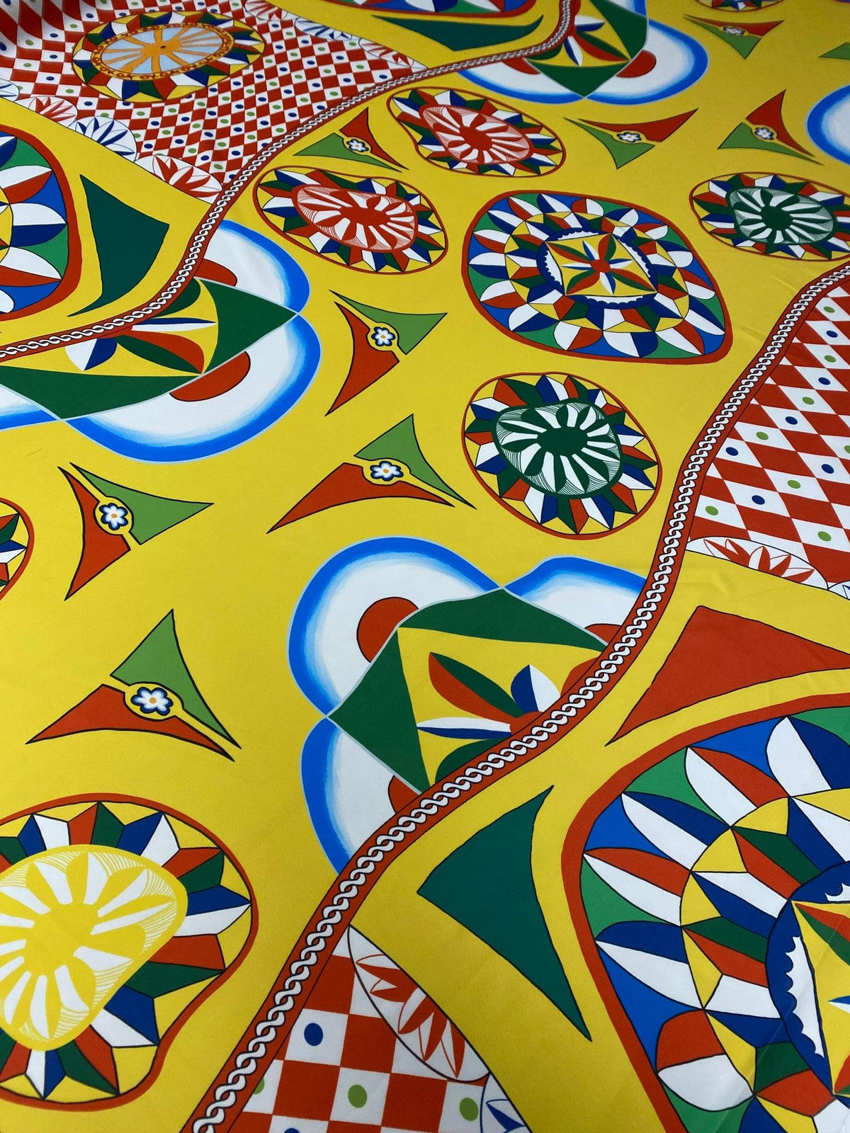 Vibrant Geometric Crepe Fabric by the Metre – Yellow Mediterranean Mosaic - Whotex Online Fabric Store