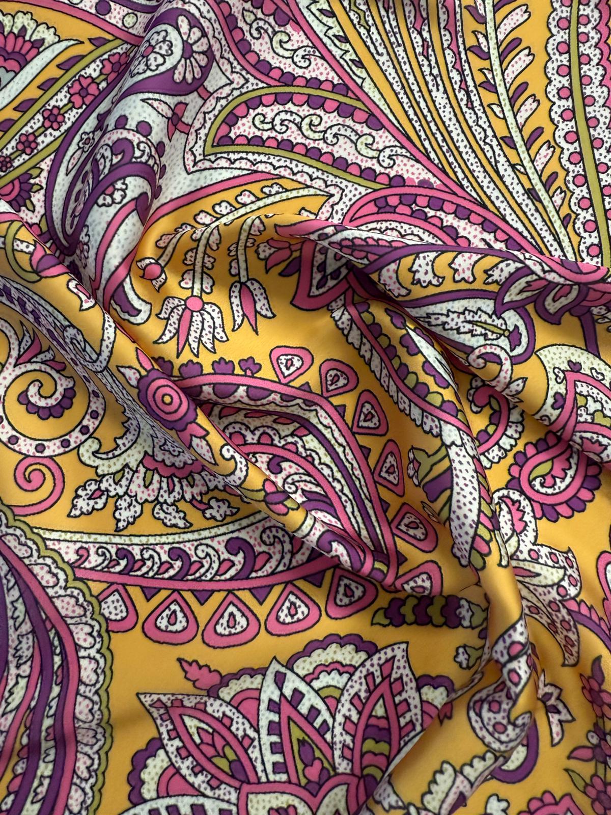 Vibrant Pink & Yellow Paisley Fabric by the Metre - Whotex Fabrics London