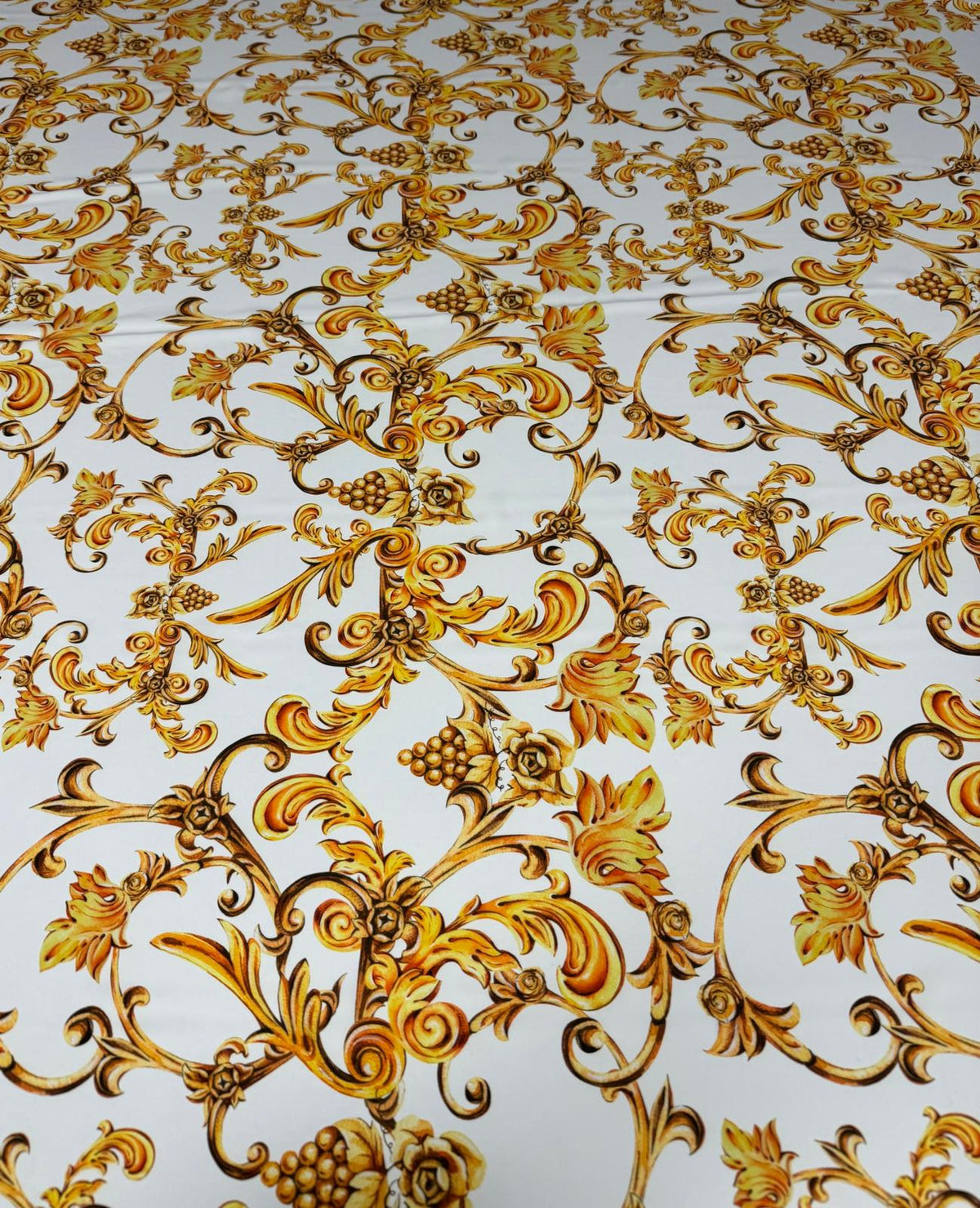 White and Gold Baroque Print Fabric – Available in Satin, Crepe, Spandex & Chiffon | By Metre - Whotex Fabrics London