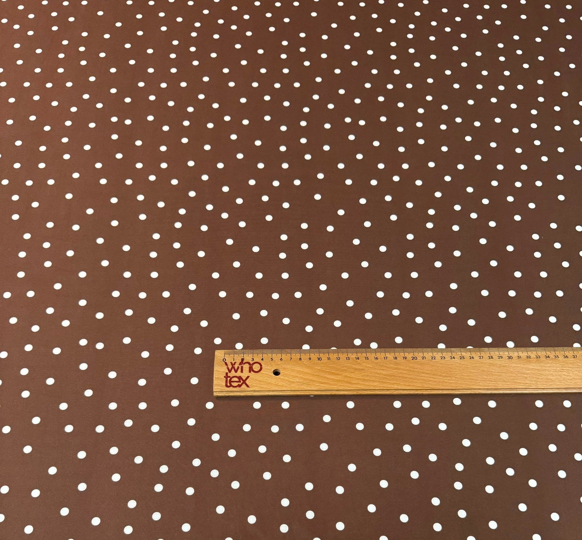 White Polka Dot Fabric on Brown Stretch Scuba Fabric by the Metre - Whotex Fabrics London