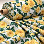 White Satin Fabric with Yellow Rose Floral Print - Whotex Fabrics London