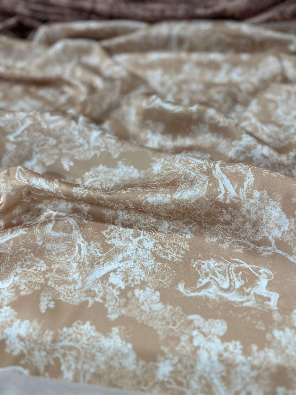 Beige Wild Forest Pattern Fabric with sand white animal design and soft texture for sewing and home decor projects