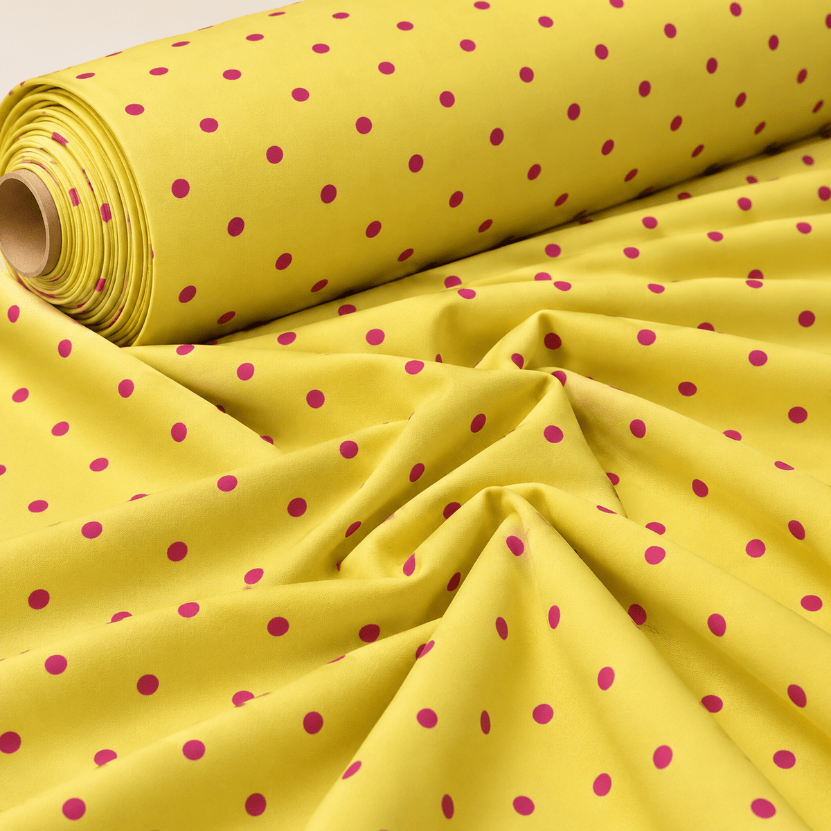 Yellow with Pink Polka Dot Satin Fabric by the Metre - Whotex Fabrics London